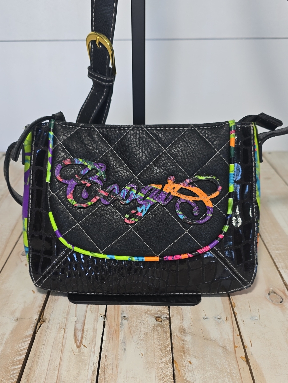 COOGI Vintage Black Quilted Crossbody Purse Bag Embroidered Neon Logo